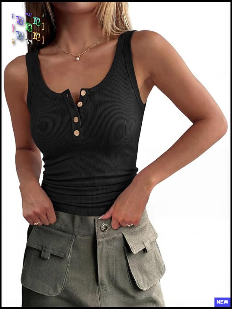 Ribbed Henley Tank Top Slim Fitted Sleeveless Cami Shirt Button Up Casual